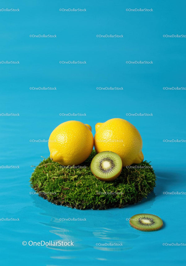 Fresh lemons and kiwi on vibrant moss floating in blue