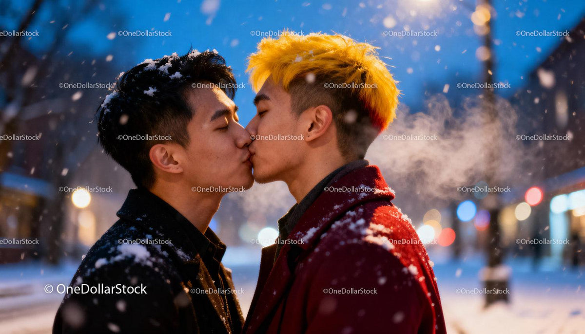 Winter Evening Kiss Between Two Men in Snowy City