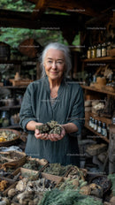 Senior Woman Holding Herbs in Rustic Herbal Shop
