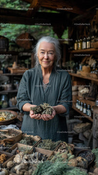 Senior Woman Holding Herbs in Rustic Herbal Shop