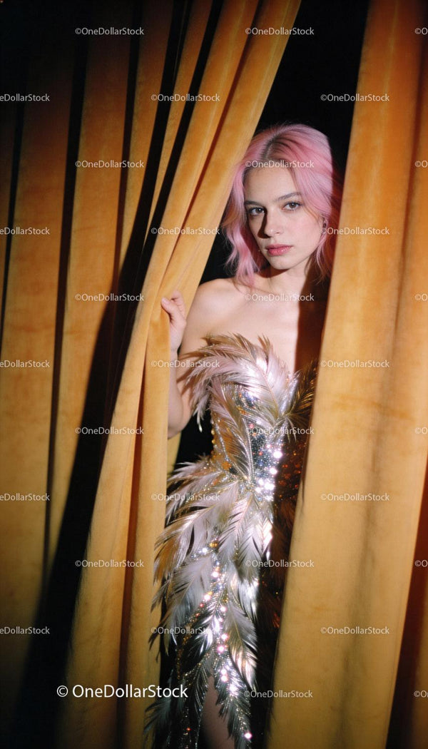 Young woman in sparkling feather dress behind curtain
