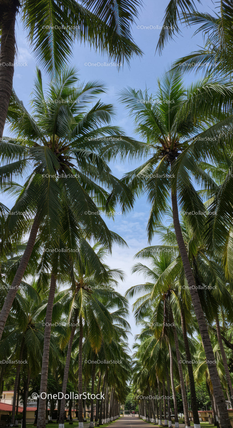 Tropical Palm Trees in a Lush Green Park with a Pathway Under Blue Sky