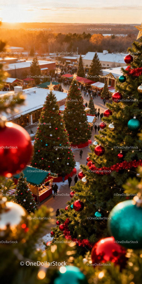 Christmas Market with Festive Holiday Decorations at Sunset