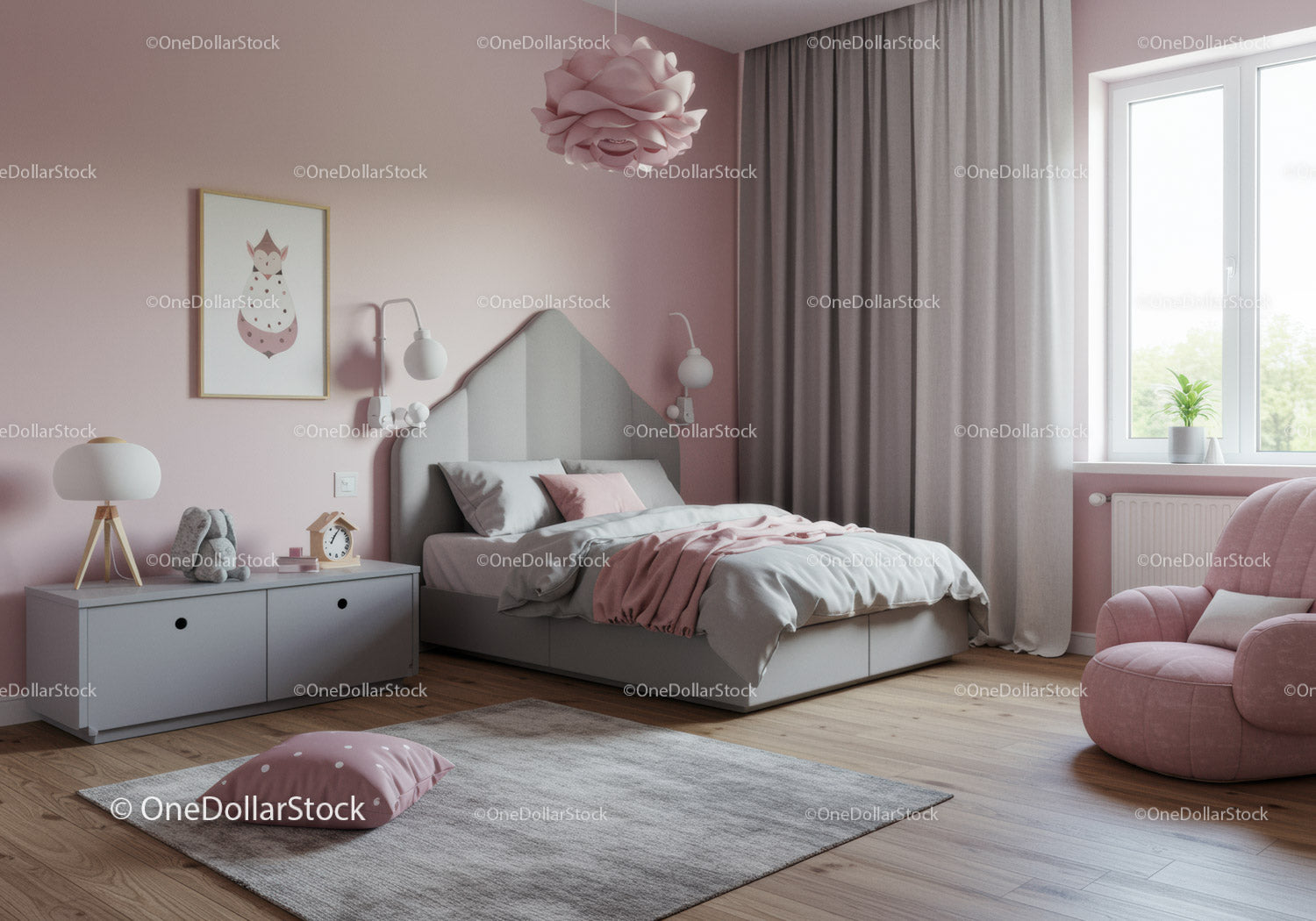 Pink Bedroom with Grey and White Decor and Natural Light