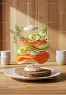 Fresh salmon sandwich ingredients hovering above rye bread