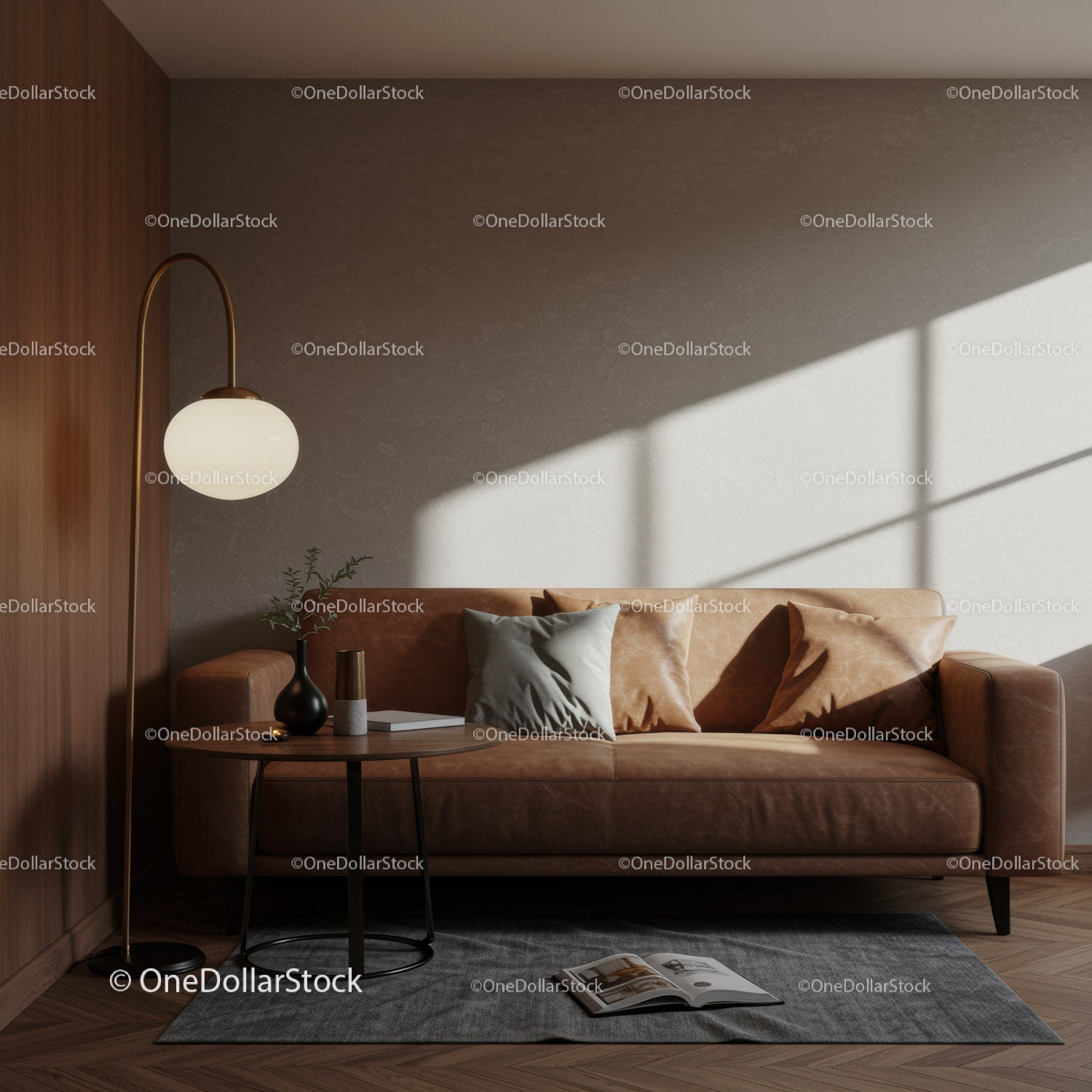 Cozy Living Room with Leather Sofa and Warm Lighting