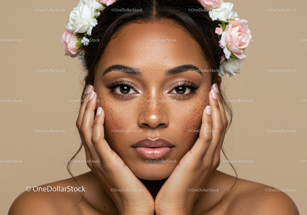 Beautiful Woman with Freckles and Floral Headband Close-up Portrait