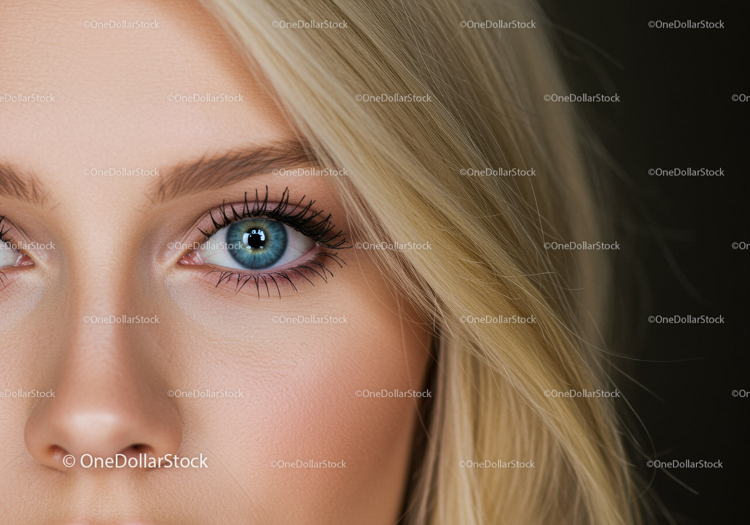 Close-up of blue eye and natural blonde hair details