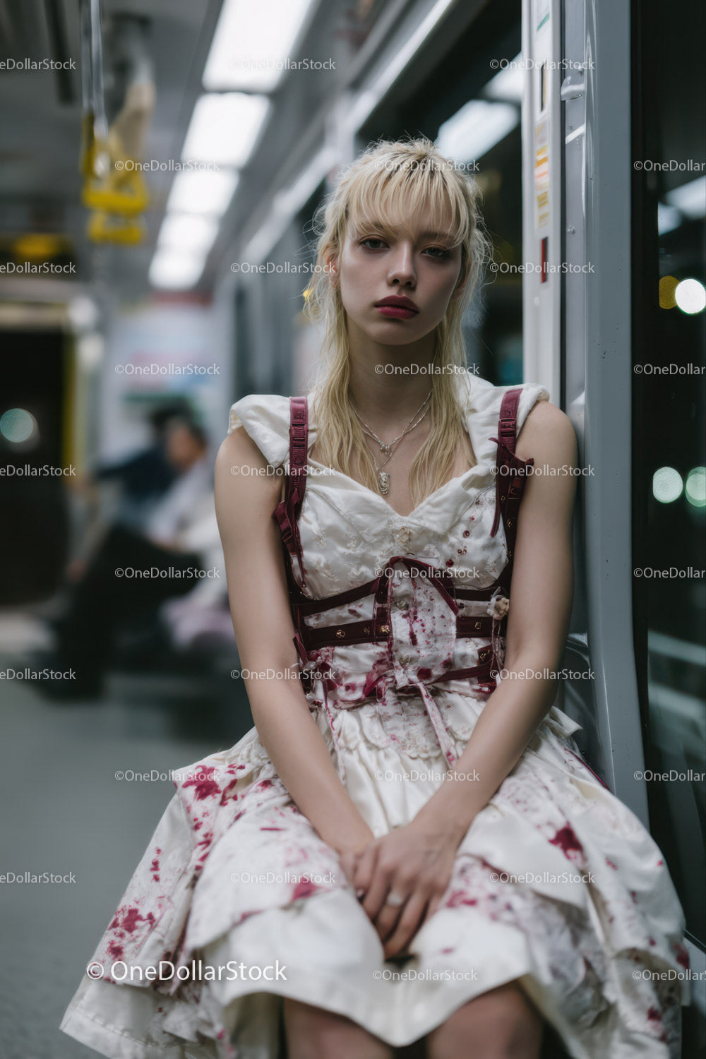 Urban Night Portrait of Young Woman in Bloodstained Dress on Bus