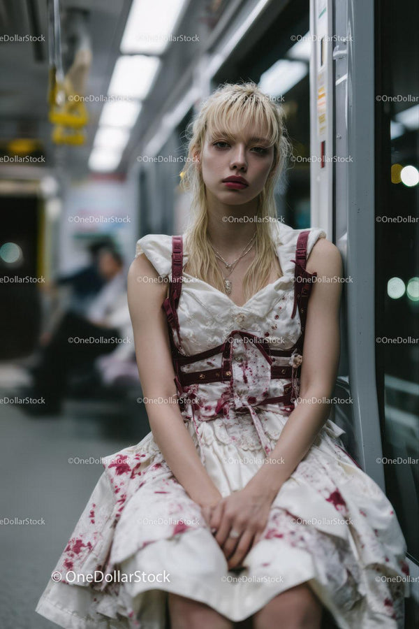 Urban Night Portrait of Young Woman in Bloodstained Dress on Bus