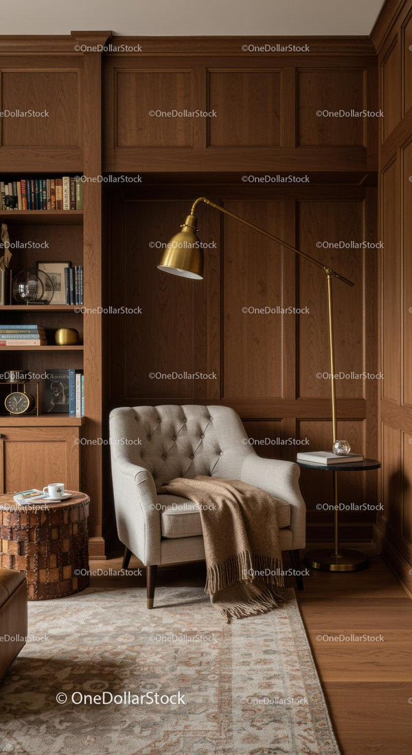 Cozy reading nook with elegant armchair and warm lighting