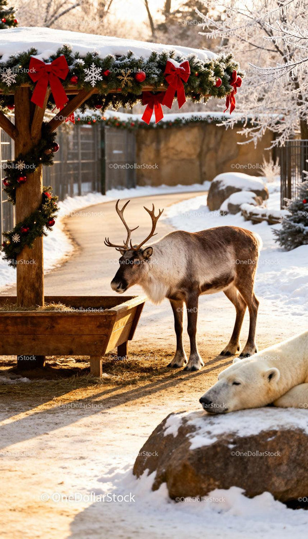 Renifer obok śpiącego niedźwiedzia polarnego w zimowej, udekorowanej scenerii