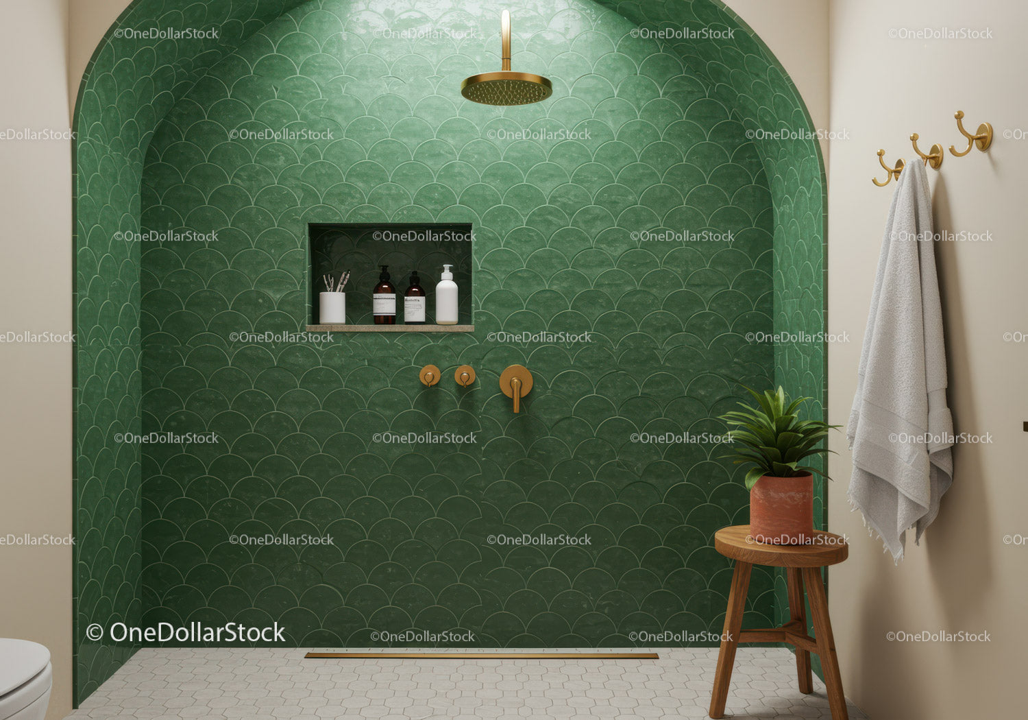 Modern Bathroom Shower with Green Tile Wall and Gold Fixtures