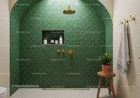 Modern Bathroom Shower with Green Tile Wall and Gold Fixtures