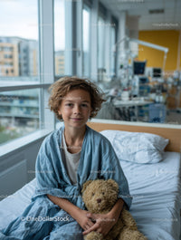 Young Boy with Teddy Bear in Modern Hospital Room