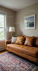 Cozy Living Room with Leather Sofa and Warm Decor
