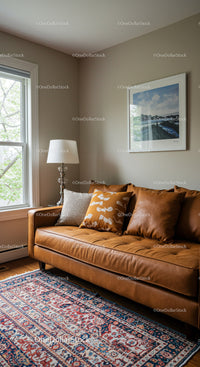 Cozy Living Room with Leather Sofa and Warm Decor