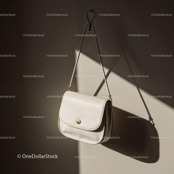 Minimalist white leather crossbody bag hanging on wall JPG Mockup Image