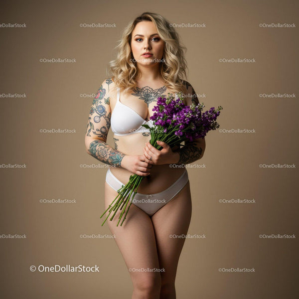 Elegant Woman with Tattoos Holding Purple Flowers in Studio