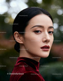 Elegant woman with dark hair and velvet outfit in nature
