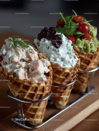 Decorative Waffle Cones with Mix of Yogurt Topping and Fruit Garnishes