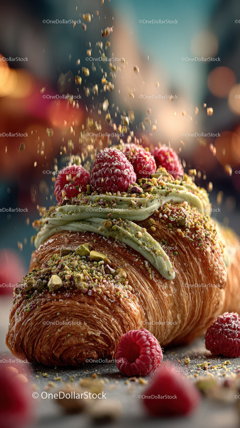 Chocolate Croissant with Raspberries and Pistachios in a Gourmet Setting