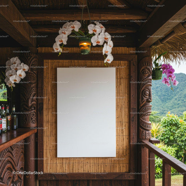 Tropical wooden bar with blank poster and orchids JPG Mockup Image