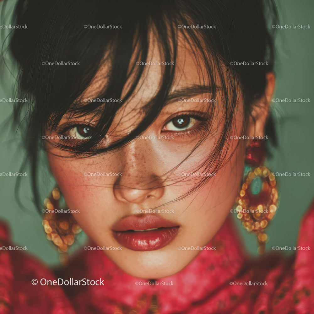 Young Woman with Freckles and Grey Eyes in Vibrant Traditional Outfit