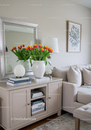 Elegant Living Room with Tulip Floral Arrangement and Modern Decor