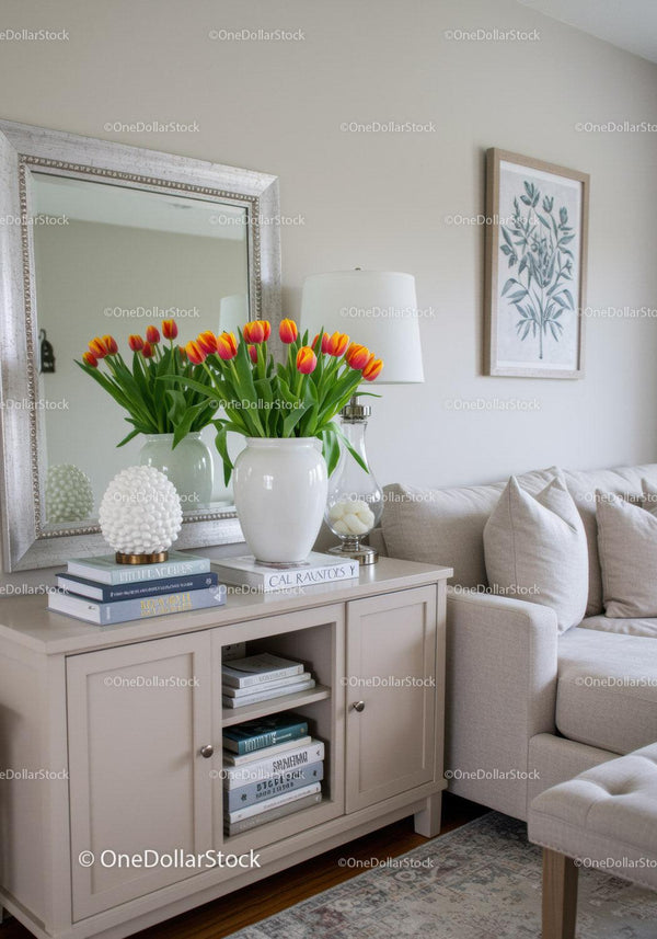 Elegant Living Room with Tulip Floral Arrangement and Modern Decor