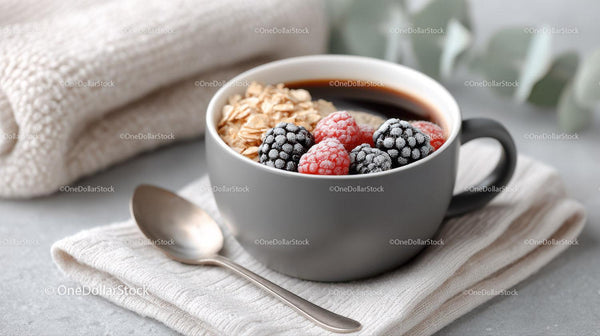 Healthy Berry Topped Hot Chocolate in Ceramic Mug with Granola