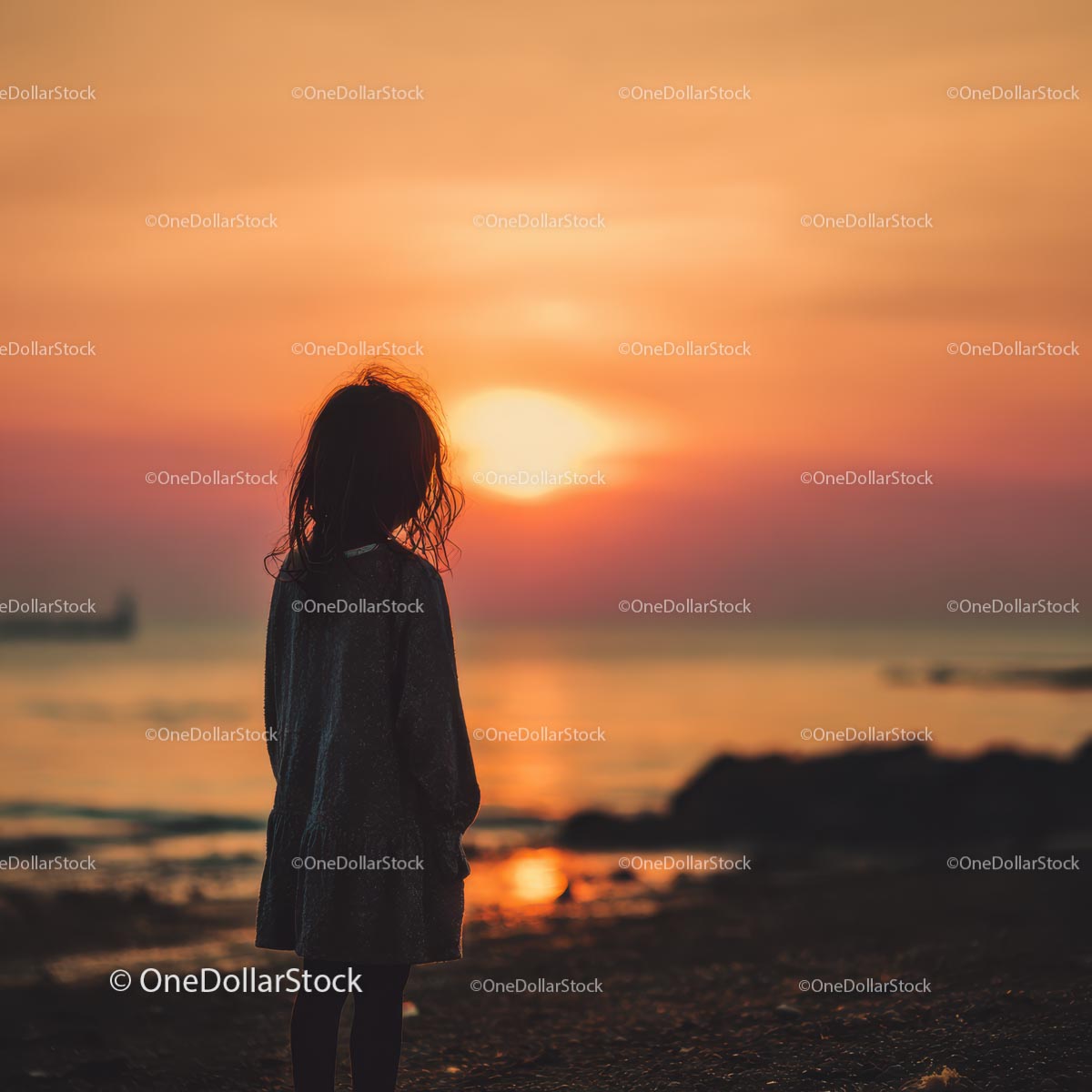 Silhouette of a Child at Sunset by the Ocean Shore
