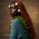 Elegant Portrait of a Woman with Flowing Red Hair and Botanical Accessories