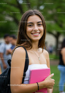 Smiling Young Woman Holding Pink Notebook in Park