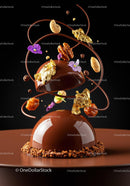 Elegant chocolate dessert with gold leaf and nuts decoration