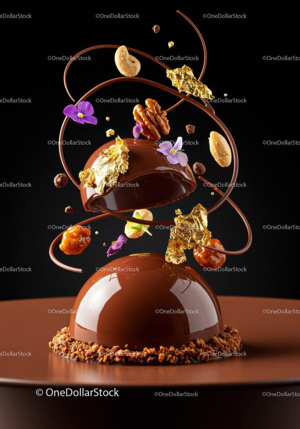 Elegant chocolate dessert with gold leaf and nuts decoration