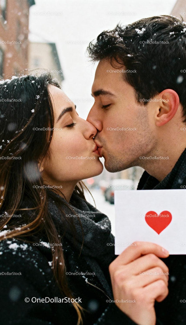 Couple sharing a tender kiss with love card in winter