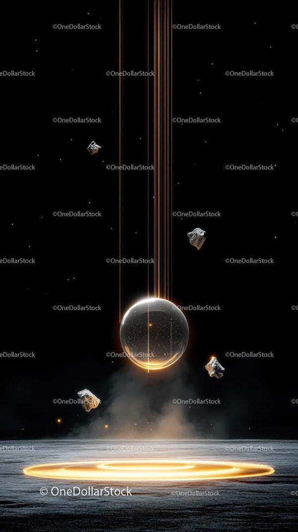 Futuristic Space Scene with Glowing Cosmic Sphere and Asteroids