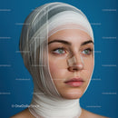 Close-up of a Young Woman with Facial Bandages and Healing Wounds