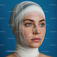 Close-up of a Young Woman with Facial Bandages and Healing Wounds