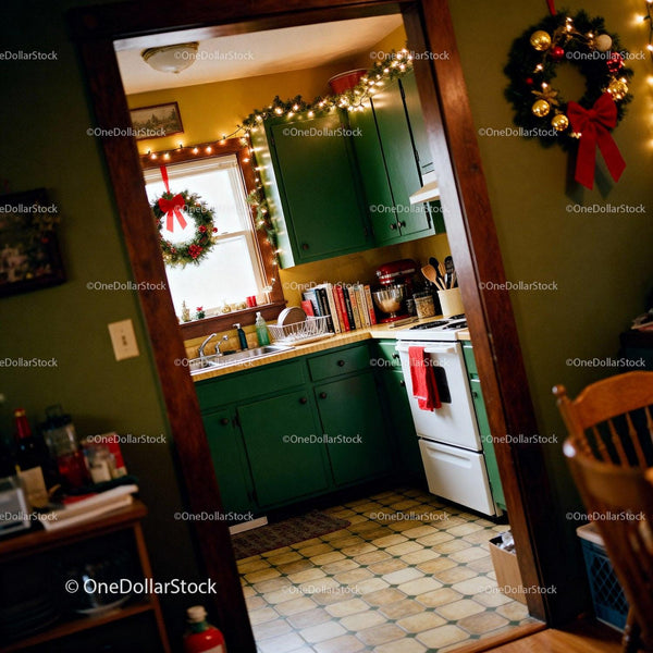 Cozy Kitchen Decorated with Christmas Wreaths and Lights