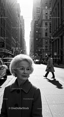 Elderly Woman in Busy City Street Surrounded by Vintage Cars