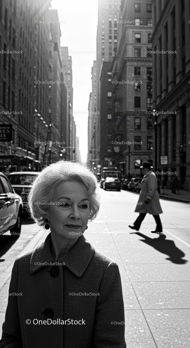 Elderly Woman in Busy City Street Surrounded by Vintage Cars