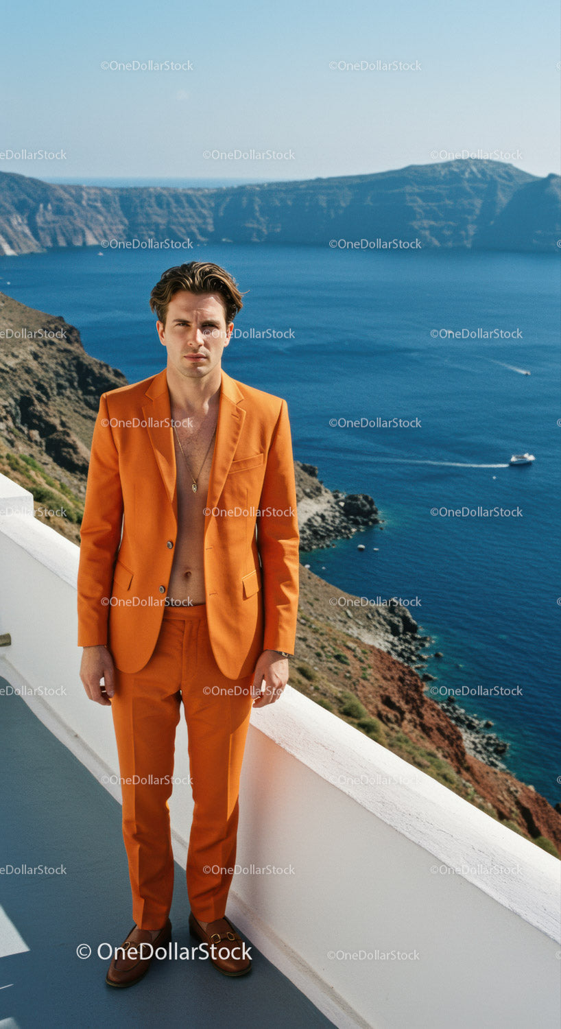 Mężczyzna w pomarańczowym garniturze stojący przy Ocean Cliff View