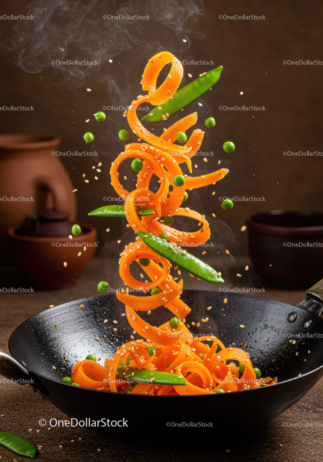Spiral Carrot and Snap Peas Stir Fry in Wok