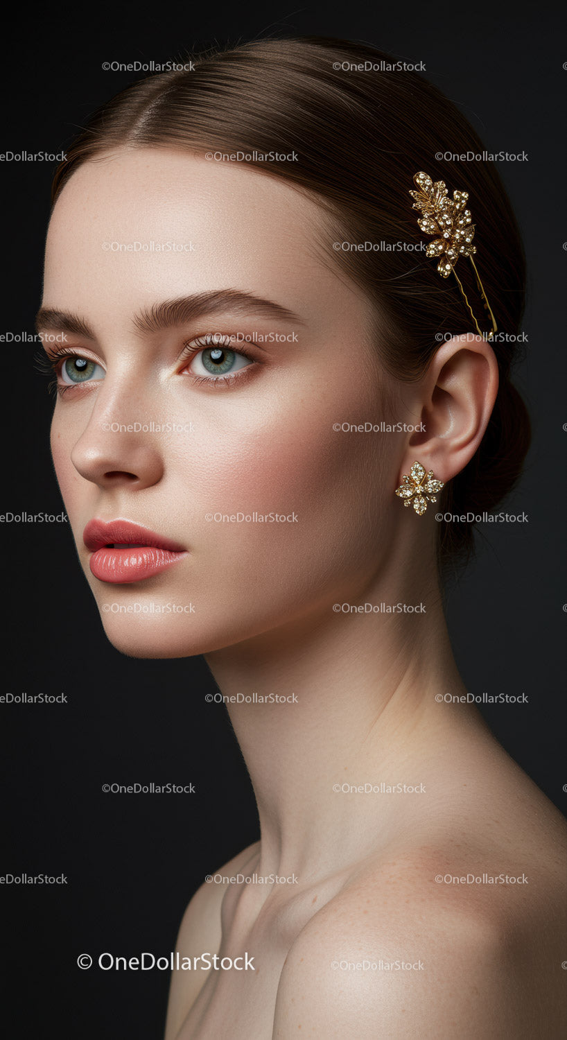 Elegant Woman with Flower Hairpin and Pearl Earrings Portrait