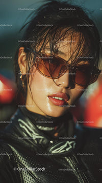 Confident Female Rider in Sunglasses with Motorcycle Gear