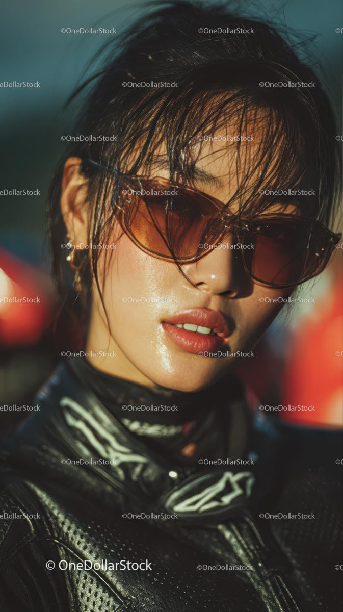 Confident Female Rider in Sunglasses with Motorcycle Gear