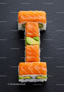 Fresh salmon sushi rolls arranged in a bold shape