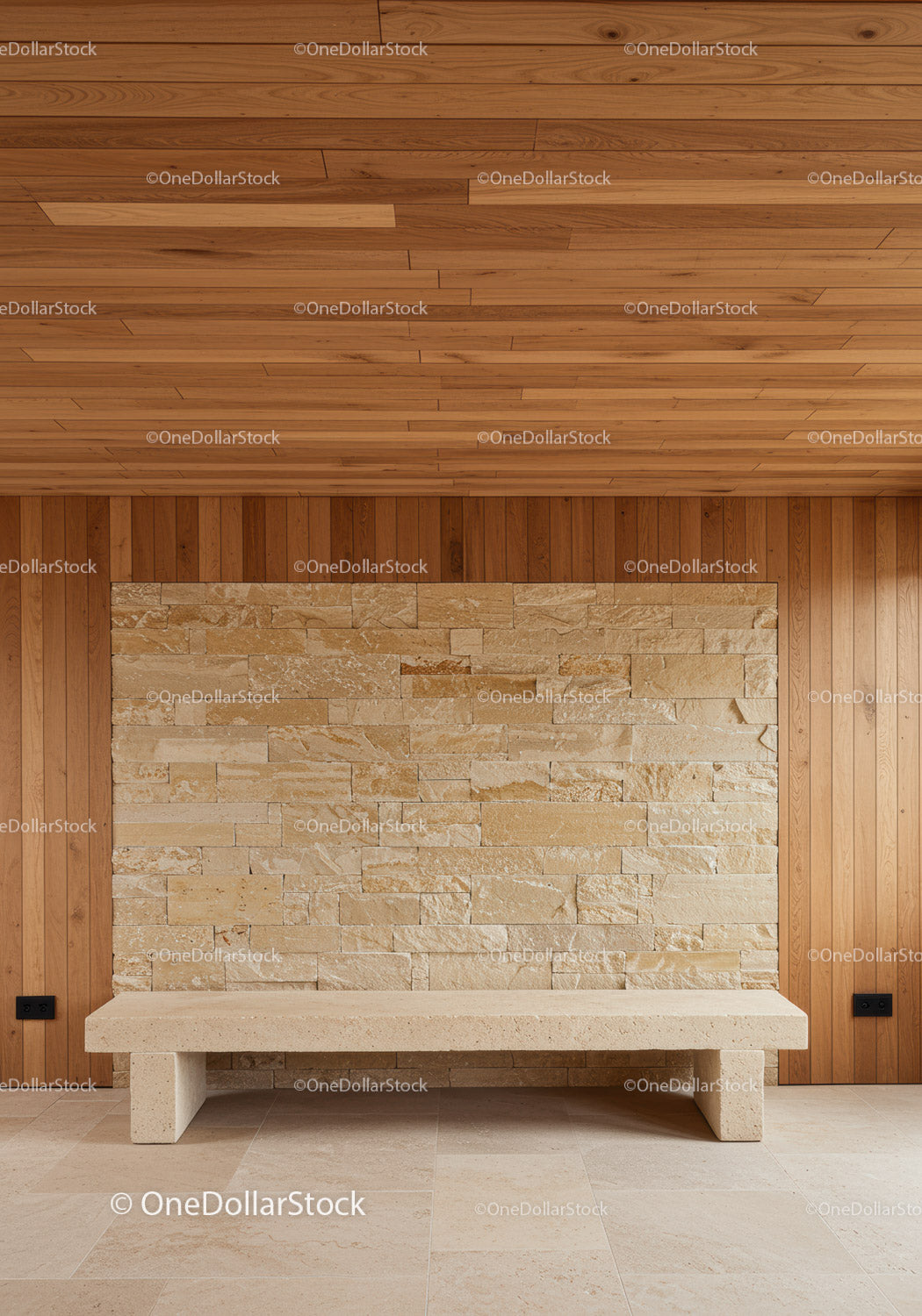 Modern Interior with Wooden Ceiling, Stone Wall Accent and Beige Flooring